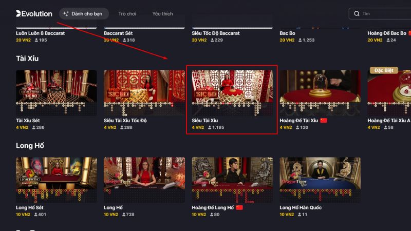 Siêu Tài Xỉu thuộc mục game Live Casino tại sảnh EVO