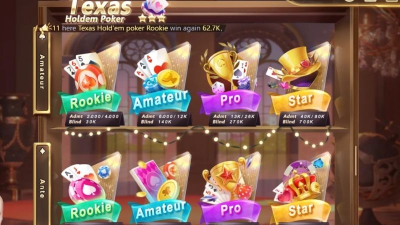 Texas Holdem Poker có 4 sảnh cược để anh em thỏa sức lựa chọn và tham gia